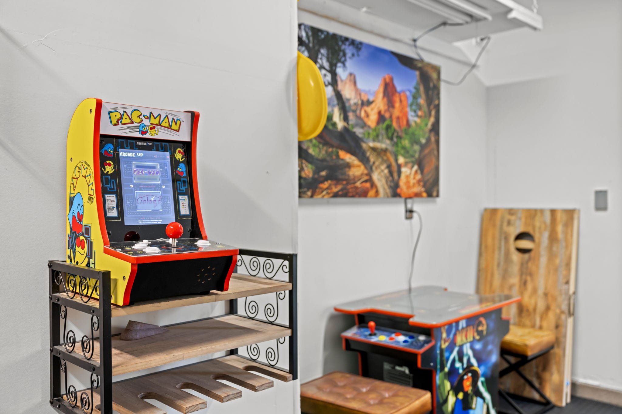 Arcade machines ready for guests in the recreation room