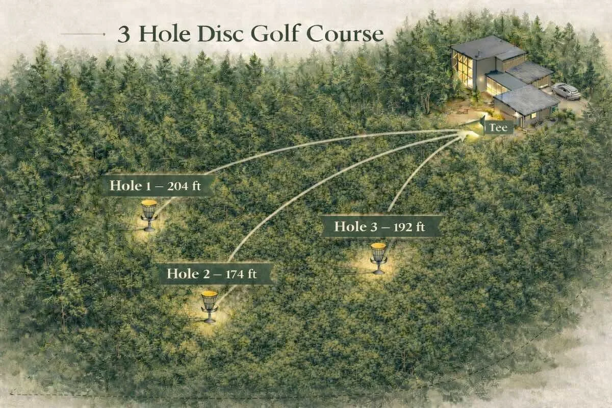 Disc golf basket set among the pines on the property