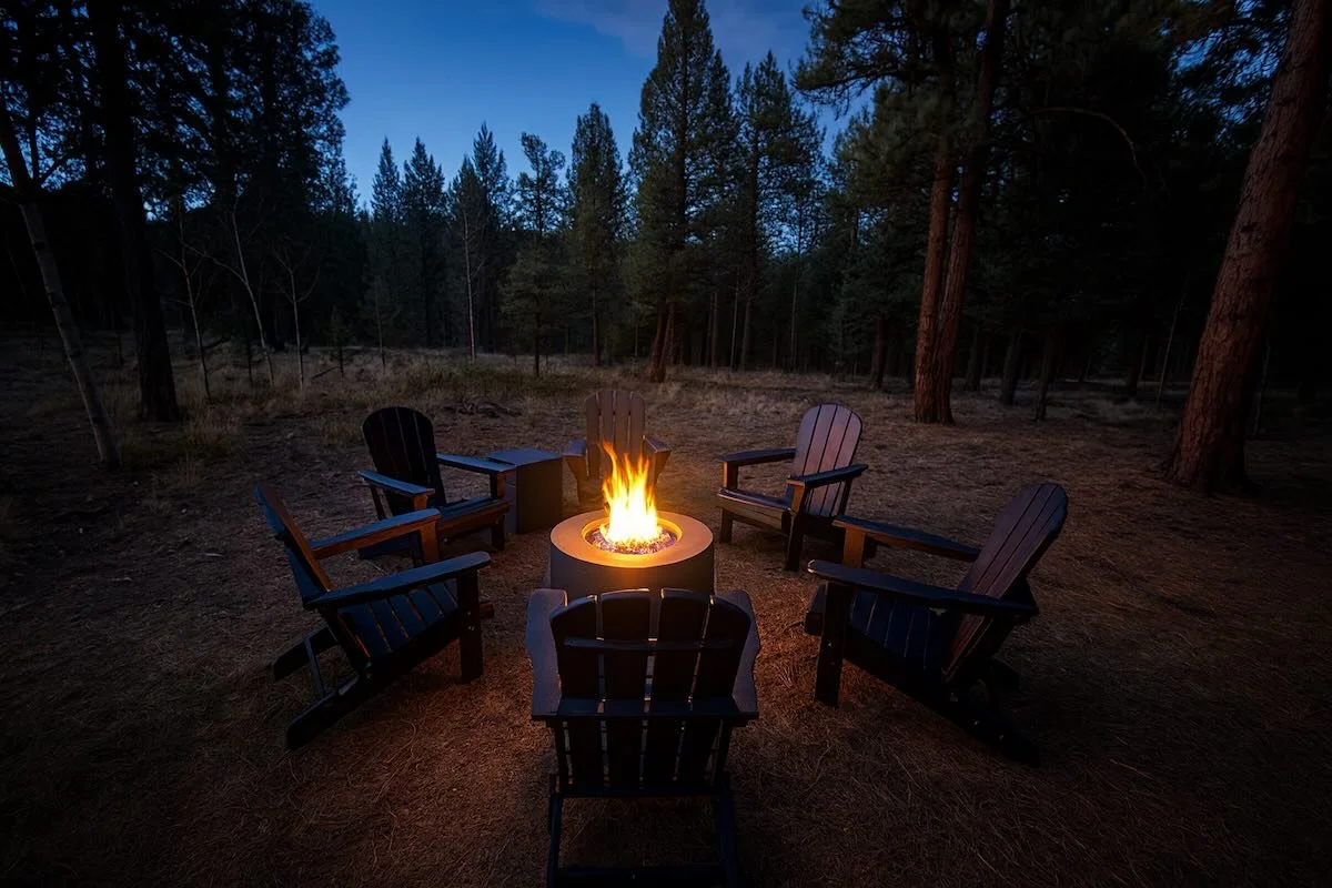 Campfire ringed by six Adirondack chairs in a forest clearing at dusk