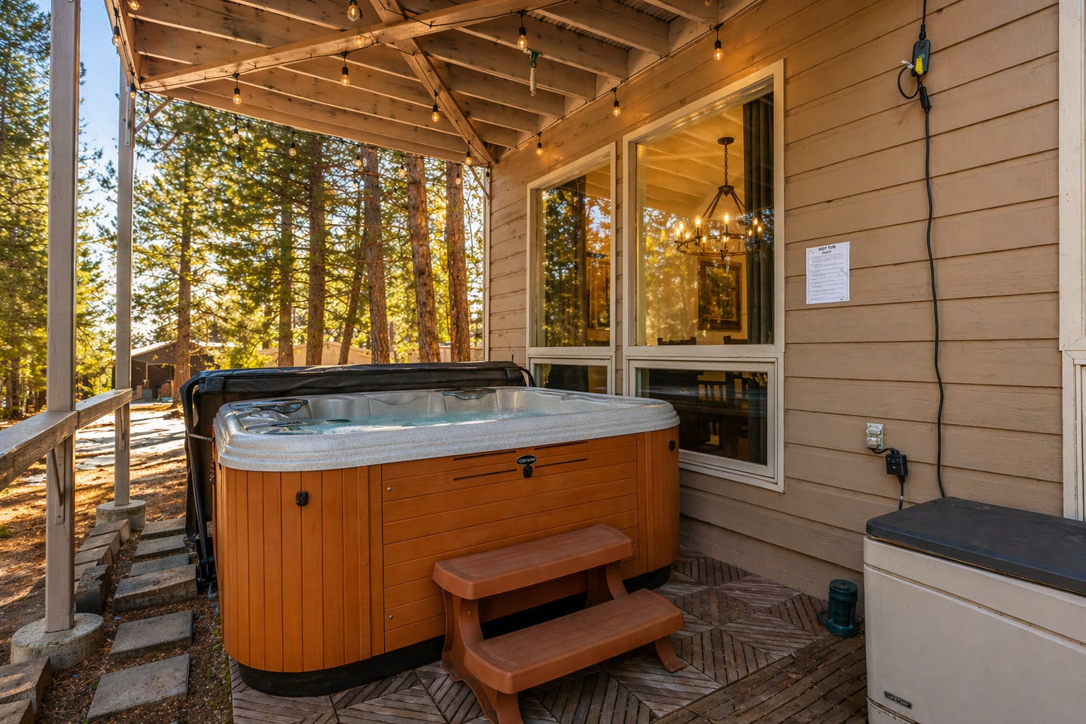Private covered hot tub with steps and string lights