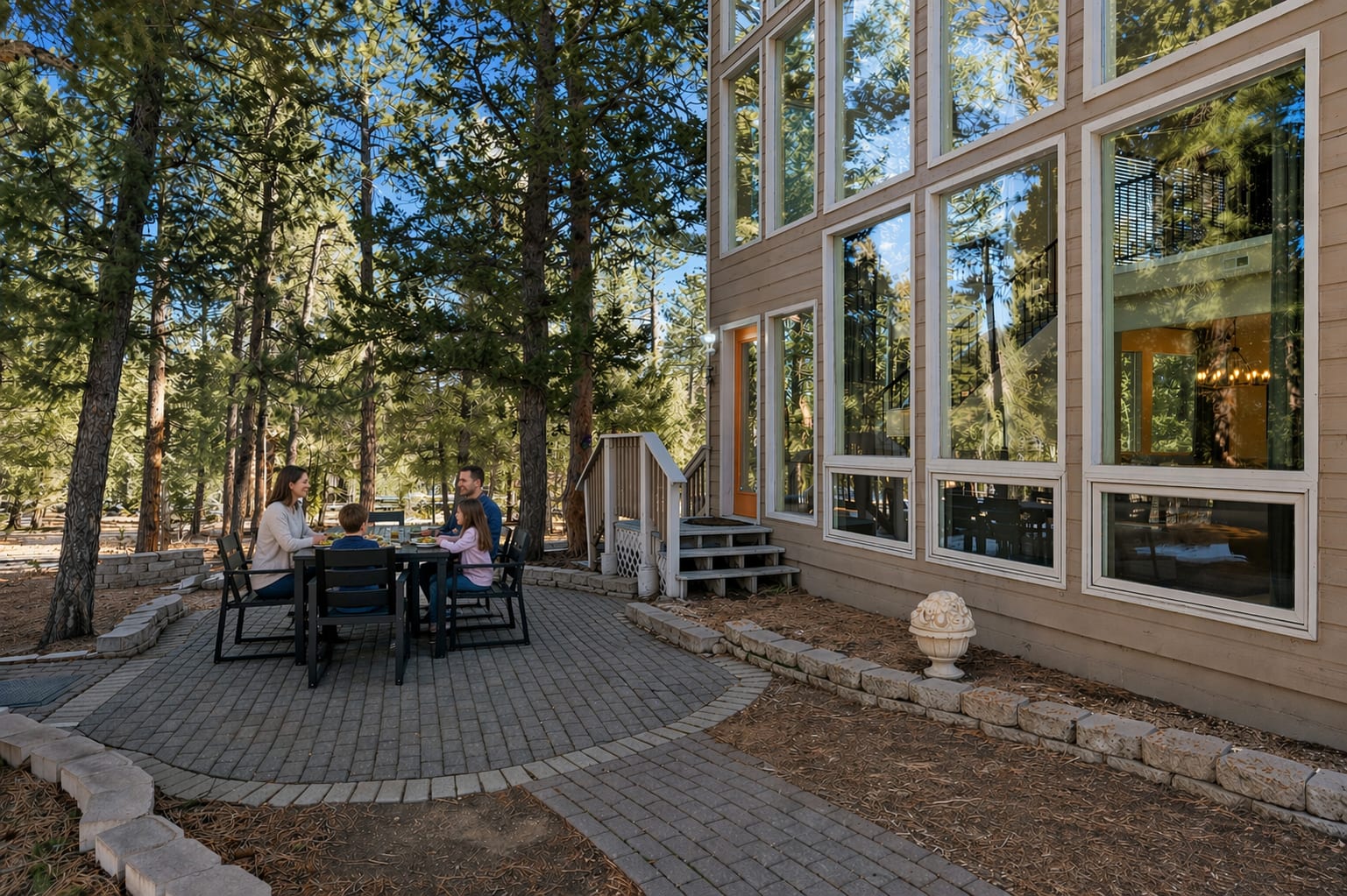 Family dining on the patio beside the home's two-story windows